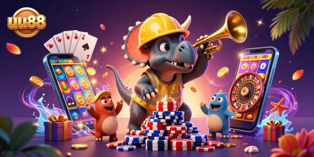 Experience immersive gambling at uu88 with a colorful slot game and cheerful characters.