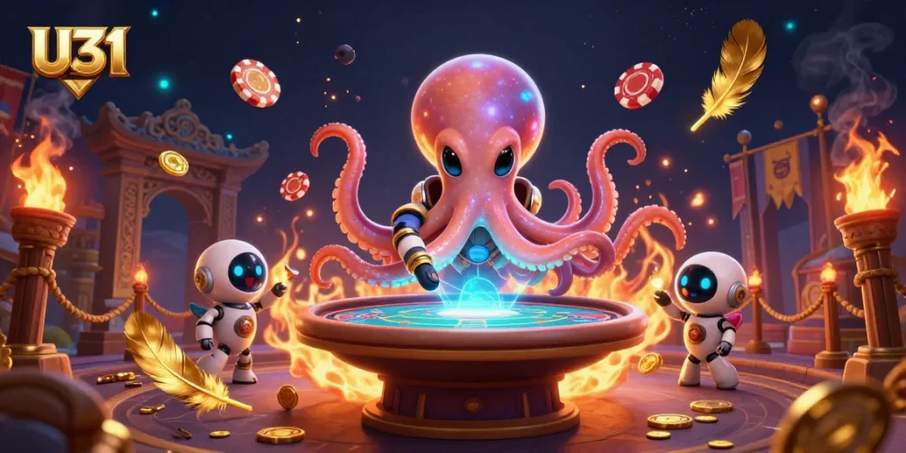 U31 casino alien octopus deals poker at a holographic table, vibrant cosmic background.