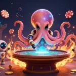 U31 casino alien octopus deals poker at a holographic table, vibrant cosmic background.