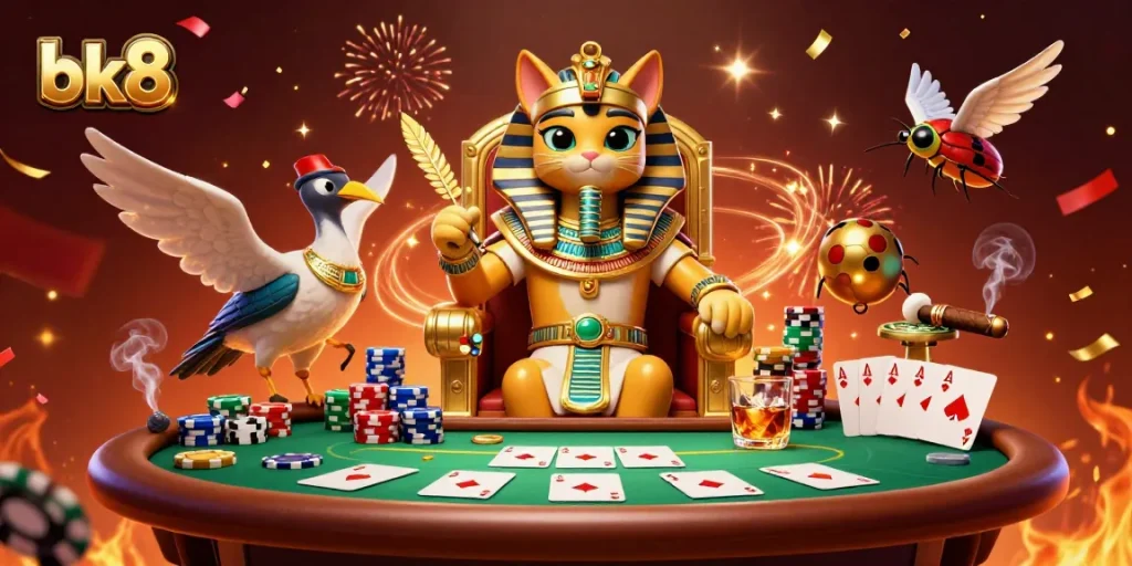 Engage with the immersive bk8 casino experience featuring a nostalgic pharaoh character on a thrilling poker night.