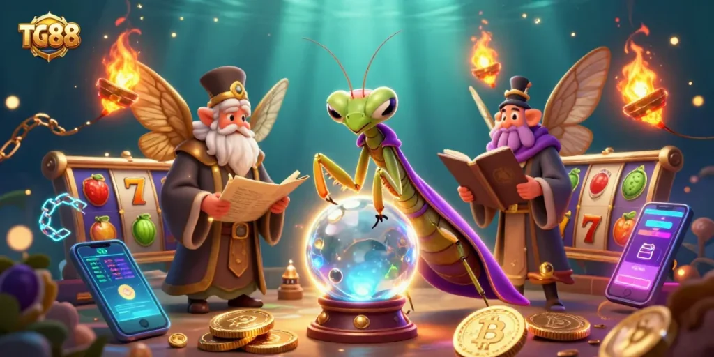 Spin to win at TG88 with vibrant slot reels and whimsical fortune tellers.