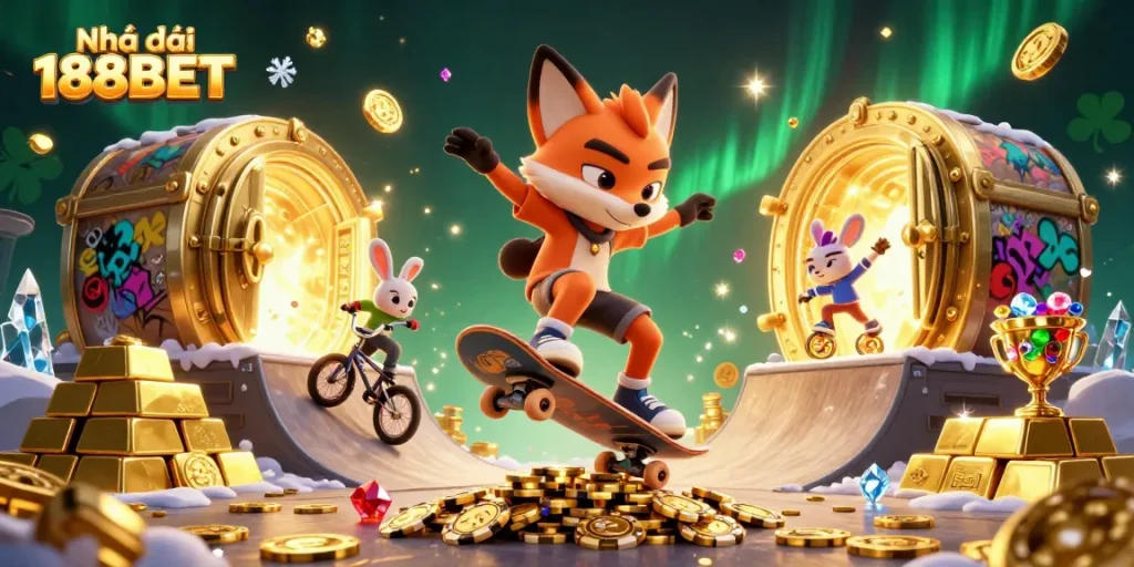 Experience thrilling action with Nhà cái 188BET featuring dynamic characters in a vibrant casino scene.