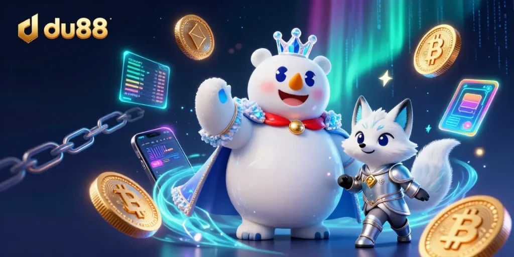 Experience the vibrant casino magic of du88 with an ice king and snow fox surrounded by digital currency elements.