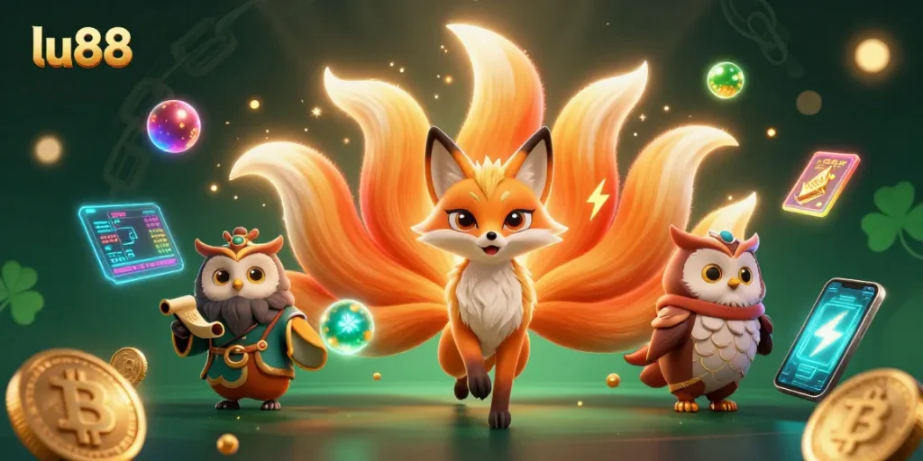 Experience thrilling gaming at lu88 with vibrant characters and cryptocurrency elements in this dynamic digital illustration.