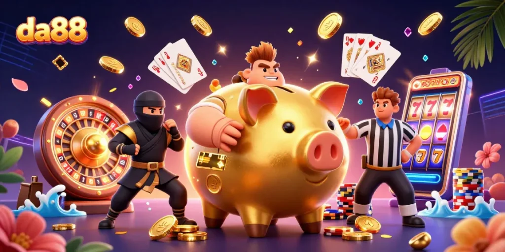 Engage with da88's thrilling casino action featuring a golden piggy bank sumo wrestler and dynamic game elements.