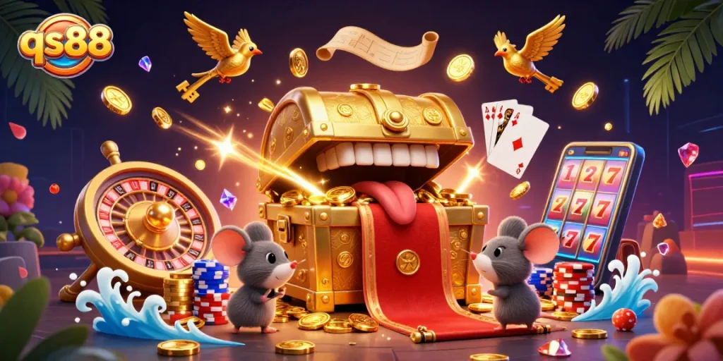 Enjoy thrilling casino adventures at qs88 with a treasure chest luring adventurer mice amidst coins and gems.