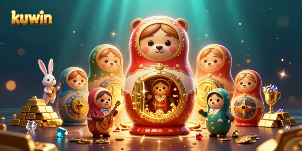 Kuwin players spinning reels at an energetic casino scene with whimsical characters and stunning treasures.