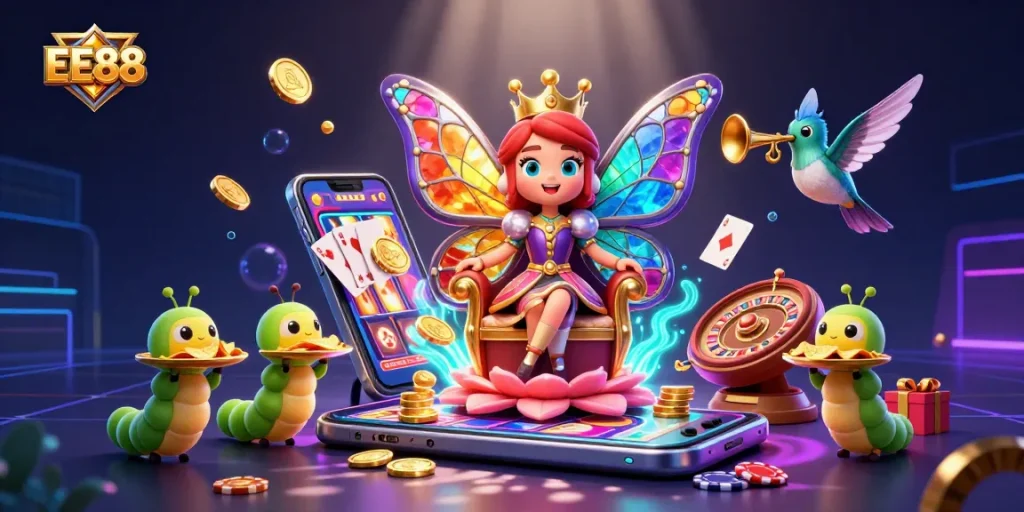 Experience the vibrant world of EE88 with a colorful 3D casino illustration packed with exciting game elements.