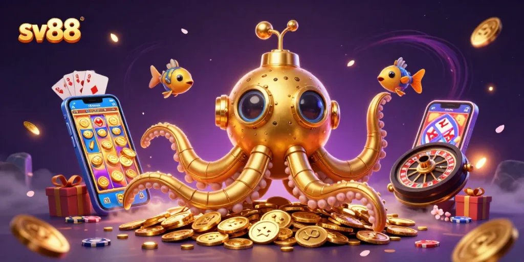 Experience sv88 slots with a 3D kraken submarine bursting through coins and animated games.