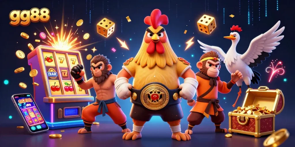 Win big with gg88's casino excitement featuring a Muay Thai rooster, Shaolin monkey, and crane master.