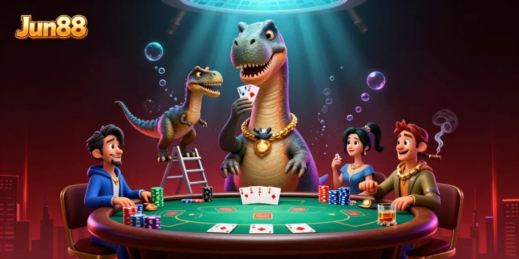 Engage with Jun88 in this vibrant casino scene as a clever raptor deals cards to a towering brontosaurus.