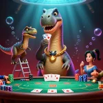Engage with Jun88 in this vibrant casino scene as a clever raptor deals cards to a towering brontosaurus.