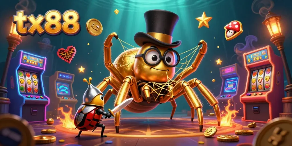 Engage with tx88's vibrant 3D casino scene featuring a golden tarantula and beetle knight.