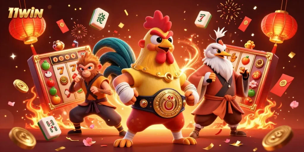 Experience the excitement of 11WIN with a dynamic 3D casino scene featuring vibrant characters and thrilling game elements.