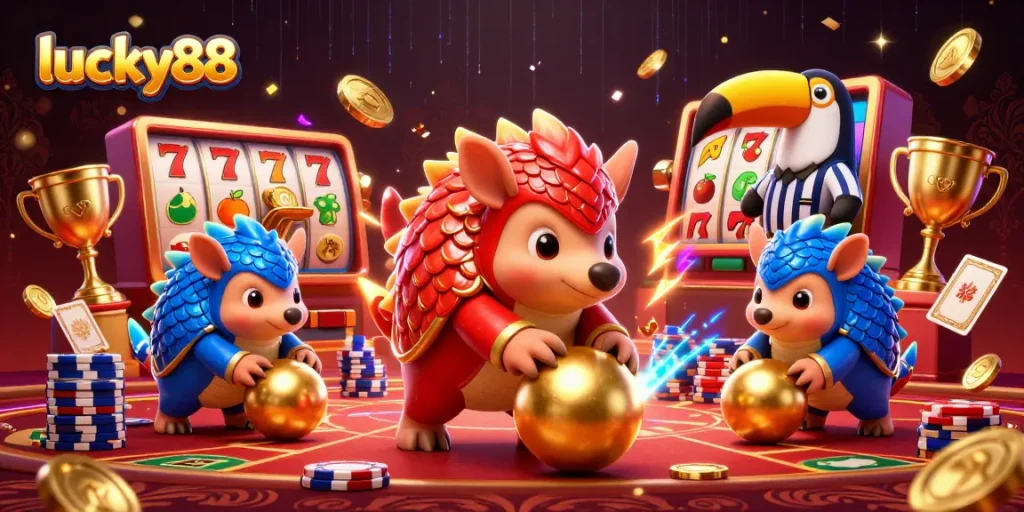 Lucky88 rivals clash as pangolins play amidst vibrant casino elements in a thrilling showdown.