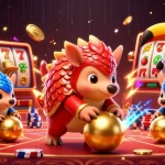 Lucky88 rivals clash as pangolins play amidst vibrant casino elements in a thrilling showdown.