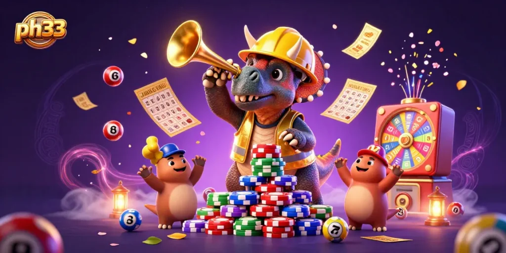 Experience the excitement on ph33 with a 3D illustration of a cartoon triceratops building poker chip pyramids.