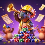 Experience the excitement on ph33 with a 3D illustration of a cartoon triceratops building poker chip pyramids.