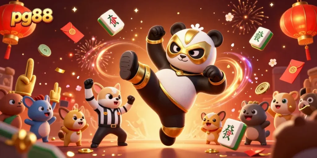 Experience thrilling gaming excitement with pg88 as a panda wrestler kicks off a dynamic celebration.