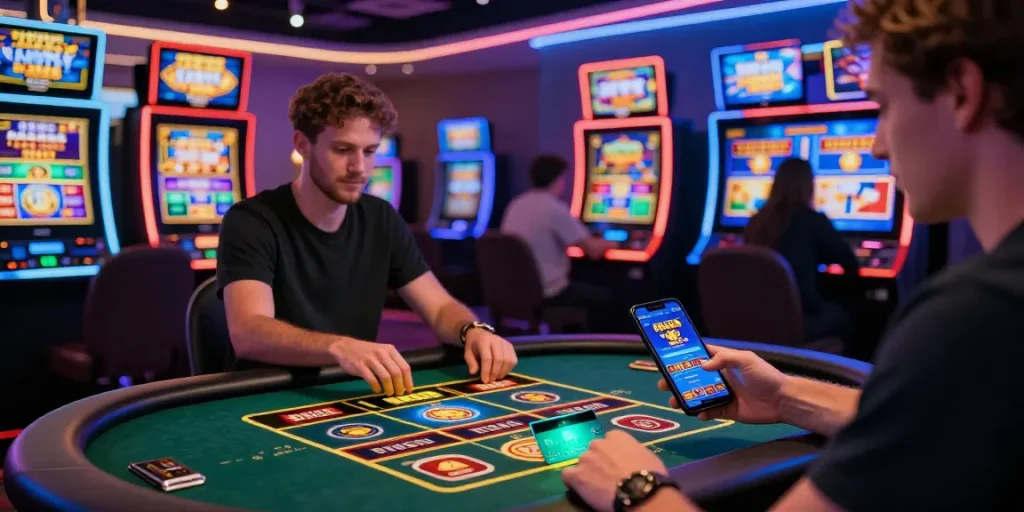 A player enjoying an immersive gaming experience at an online casino represented on https://gdsap.org.uk, showcasing vibrant slot machines, live dealer tables, and interactive digital elements.