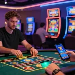 A player enjoying an immersive gaming experience at an online casino represented on https://gdsap.org.uk, showcasing vibrant slot machines, live dealer tables, and interactive digital elements.