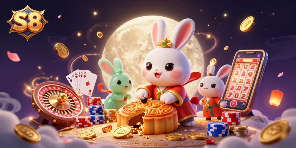 Experience the magic of S8 with the moon rabbit and poker chips in a vibrant casino scene.