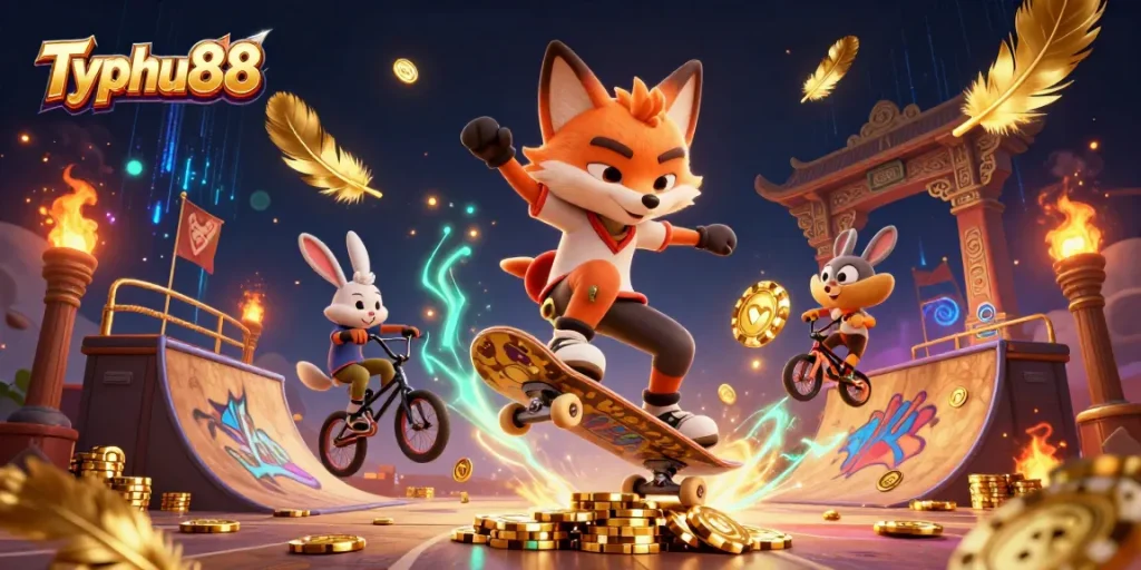 Engage with Typhu88 in a dynamic casino scene showcasing thrilling antics, colorful elements, and immersive graphics.