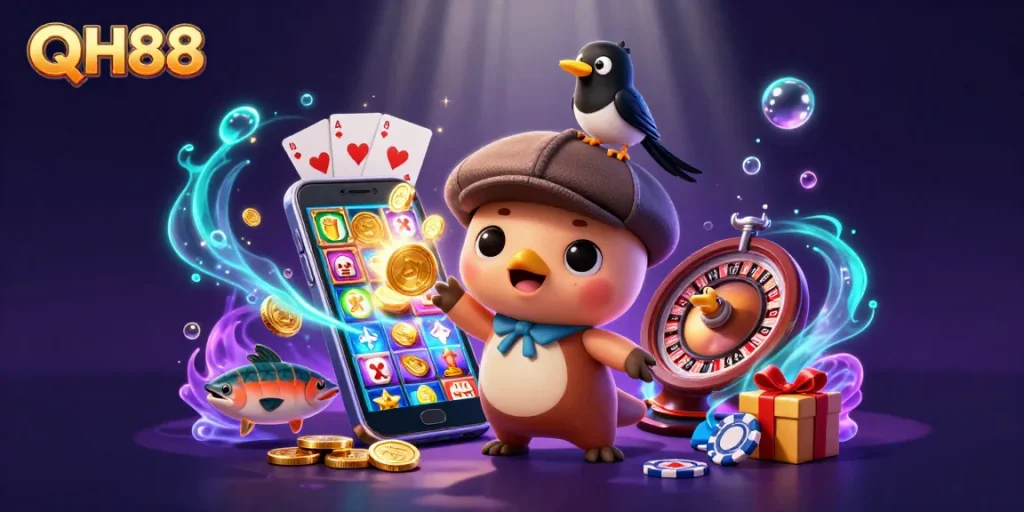 Experience the thrill with QH88 in this vibrant underwater casino scene featuring playful characters and gaming elements.