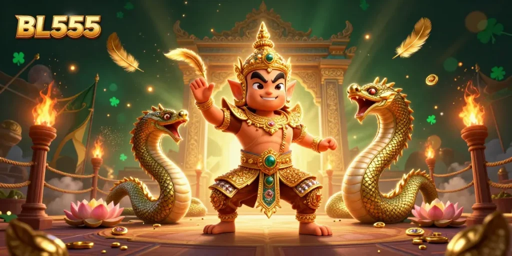Experience excitement at BL555 with vibrant casino guardians and gold coins in a lively scene