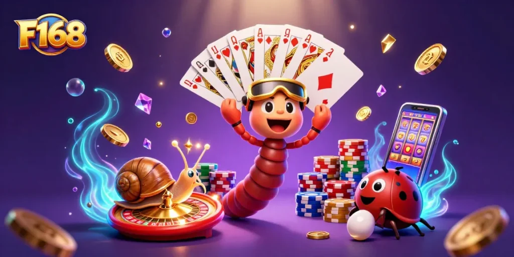 Experience F168's vibrant casino action with a cartoon dealer and exciting game elements.