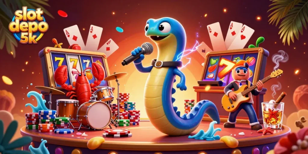 Experience thrilling slot depo 5k action with vibrant underwater casino characters and elements.