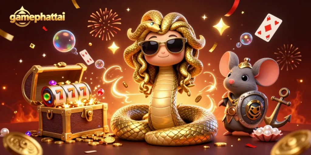 Join the excitement of gamephattai with fun slot reels and lucky 7s in a lively casino illustration.