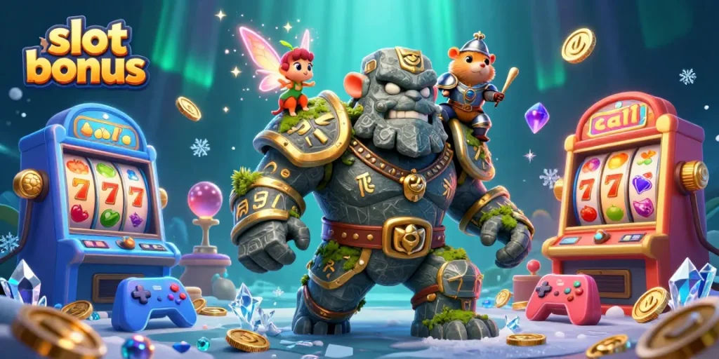 Experience the thrill of slot bonus with a dynamic scene featuring magical characters and glowing slot machines.