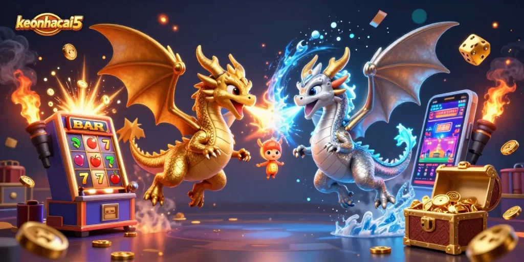 Experience excitement with keonhacai5 as golden and silver dragons unleash fiery and icy breath attacks amid a vibrant jackpot scene.