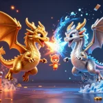 Experience excitement with keonhacai5 as golden and silver dragons unleash fiery and icy breath attacks amid a vibrant jackpot scene.