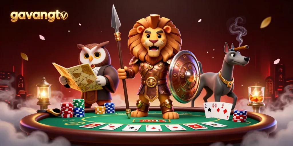 Experience thrilling poker action with gavangtv through this vibrant casino-themed illustration.