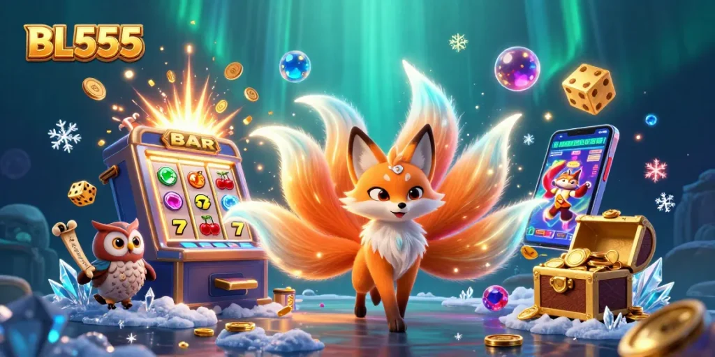 Experience the excitement of BL555 with vibrant animated characters and jackpot treasures in a casino scene.