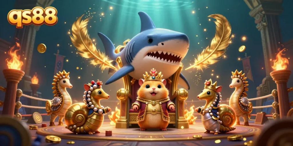 Engage with the vibrant qs88 gaming world featuring a golden hamster king and colorful casino elements.