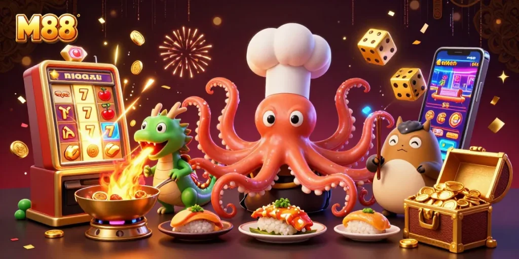 M88 players triggering excitement with a dazzling casino scene featuring an octopus chef, dragon, and rich rewards.
