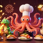 M88 players triggering excitement with a dazzling casino scene featuring an octopus chef, dragon, and rich rewards.