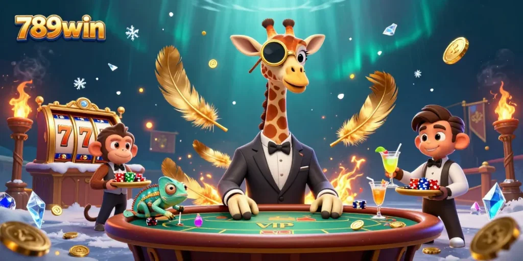 Engage with thrilling features at 789win's vibrant casino scene with high-roller giraffe and energetic monkey valet.