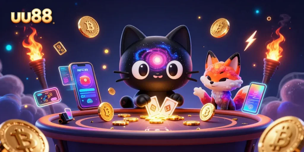 Engage in exciting gaming with uu88 amidst golden chips and cosmic elements at a vibrant casino