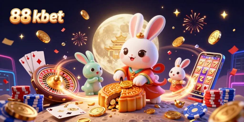 Join the fun at 88 kbet, where a moon rabbit reveals poker chips amid a festive casino scene.