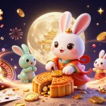 Join the fun at 88 kbet, where a moon rabbit reveals poker chips amid a festive casino scene.