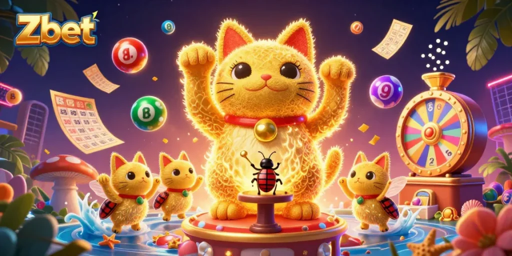 Zbet brings excitement with a golden lucky cat made of fireflies in a vibrant casino scene.