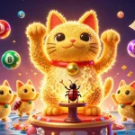Zbet brings excitement with a golden lucky cat made of fireflies in a vibrant casino scene.