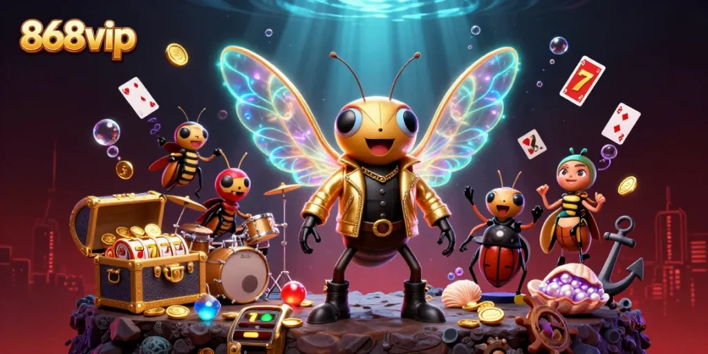 Engage with 868vip, a vibrant scene showcasing a casino-themed rock star performance complete with casino elements.