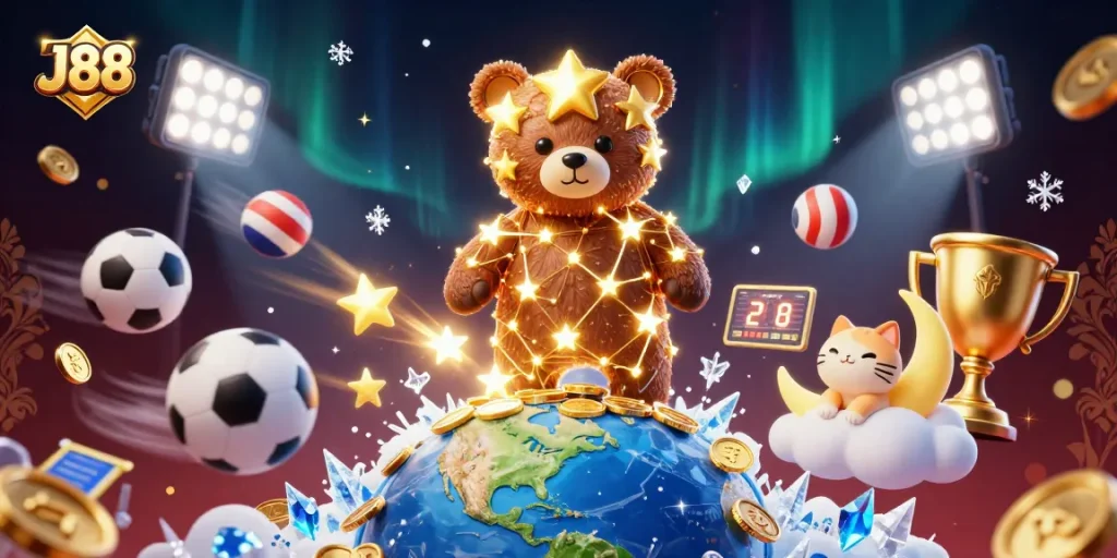 Experience the excitement of J88 with a lively scene of a constellation bear, playful fish, and sports elements.