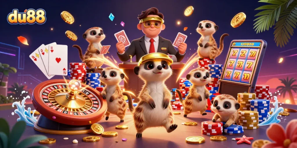 Experience the excitement of du88 with meerkats managing an energetic casino scene, showcasing vibrant gambling action.