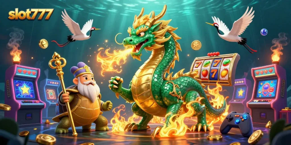 Engage with slot777 in an exciting 3D casino illustration featuring iconic characters and vibrant slot machine elements.